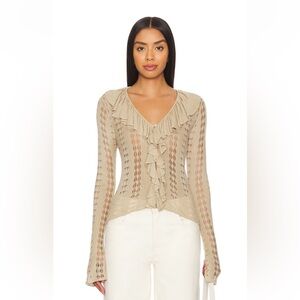 WeWoreWhat Taupe Ruffle Openwork V-Neck Sweater